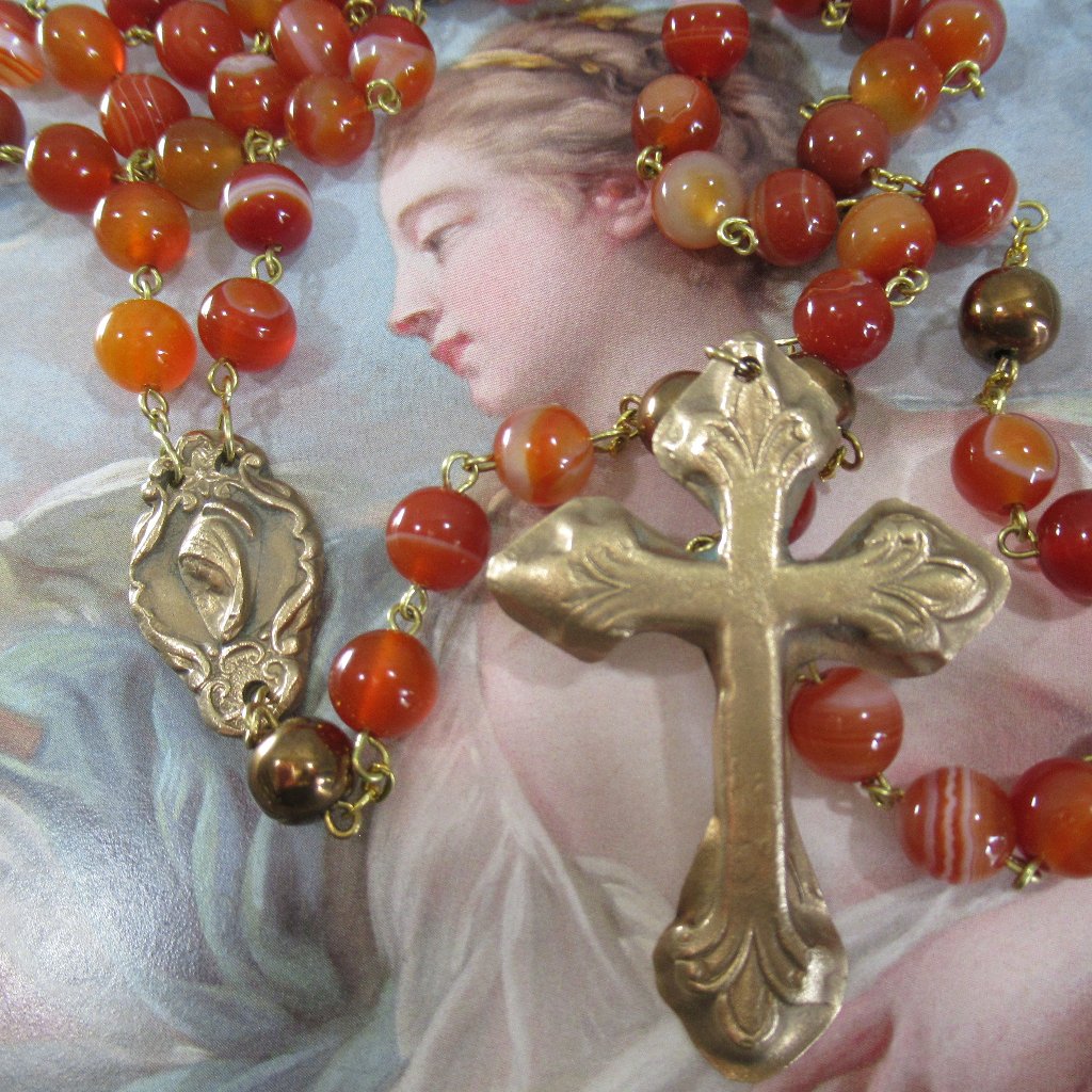 Carnelian Agate Rosary On Bronze, Courageous Mother Prayer